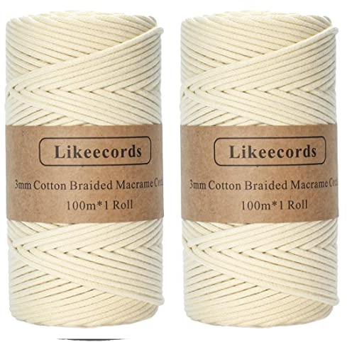 Likeecords 2 Stück geflochtene Makramee-Baumwollschnur 3 mmx200 m, Makramee-Seil, 100 % Baumwollseil, bunte Baumwollkordel für Tasche, Wandbehang, Basteln, Stricken (gebrochenes Weiß)