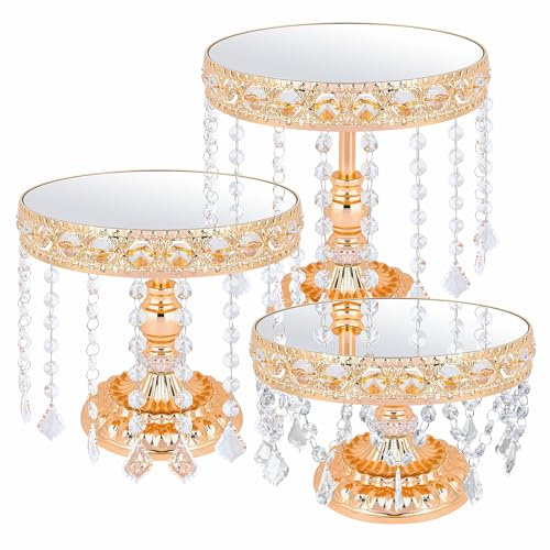 3 PCS Round Cake Stand with Crystal Bling Pendants European Style Lace Cake Plate Golden Premium Display Stand with Crystal Bling Pendants Dessert Showcase Set for Birthday Parties,Wedding,Banquet