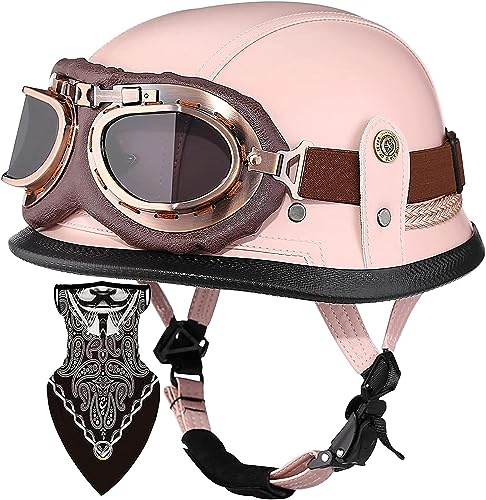 Motorcycle German Leather Half Face Helmet,DOT Approved Cap Half Shell Helmet+Goggles Retro Open-Face Helmet with Adjustable Quick Release Buckle Retro Leather Thin Skull Cap Half Helmet (E,XXX-Large)