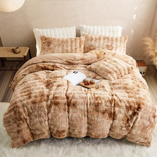 Freyamy Winter Bettwäsche 155x220 2tlg Braun Beige Gestreift,Warm Plüsch Langhaar Flauschig Bettwäsche-Sets,Weich Wendebettwäsche Flanell Winterbettwäsche,Deckenbezug mit Reißverschluss + Kissenbezug