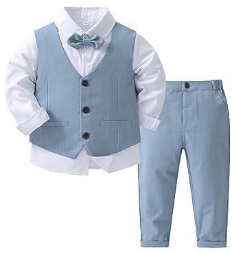 Agoky Completini da Cerimonia Neonato Completo da Battesimo Bimbo Smoking da Bambino 4 Pezzi Gilet Camicia Fiocco Pantaloncini Set di Vestiti Formale Tuta per Festa Azzurro 5-6 Anni