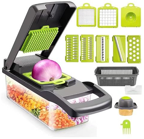 Picador de verduras con contenedor, cortador de verduras multifuncional, picador de cebolla, cortador de verduras, rebanador, rallador, cortador de mandolina con contenedor, utensilios de cocina que