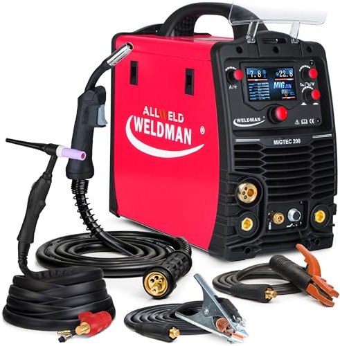 Weldman MIGTEC 200 LCD - Soldador Inverter Profesional con Gas 3 en 1 de 200 A - Sinergia - MMA, FLUX - Antorcha TIG incluida - Regulación de Inductividad, 2T/4T