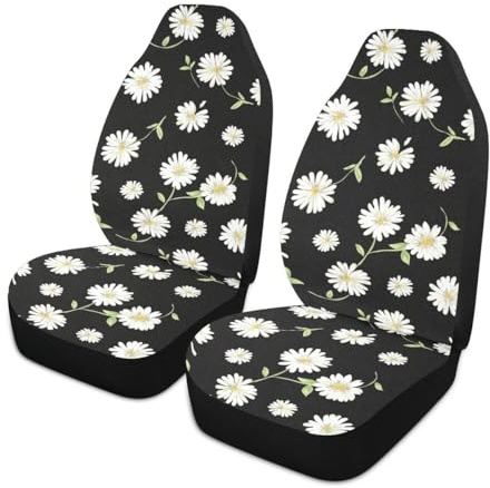 LONSANT Daisy Car Seat Covers Set of 2,Cute Daisy Flowers Black Design Universal Auto Front Seat Protector Vehicle Seat Cushion Cover for Women Cute Floral Pattern Car Accessories Fit for Car Truck