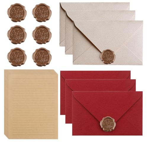 Luckwaii Vintage Briefpapier mit Umschlag, 22 Stück Briefpapier Set mit 6 Leinenumschlag Umschläge und Wachssiegel 10 A5 Briefpapier Vintage Papier, Briefpapier Edel für Hochzeits Einladung Grußkarten