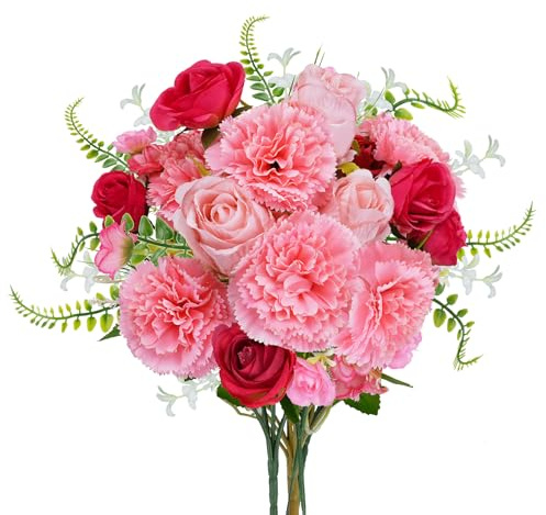 Fairblo Blumenstrauß Künstliche Blumen Deko Frühling Kunstblumen wie Echt Kunstrosen Rosa Nelke Rosen künstlich Frühlingsblumen Kunstblumenstrauß Seidenblumen Strauß für Vase Tischdeko Hochzeit Dekor