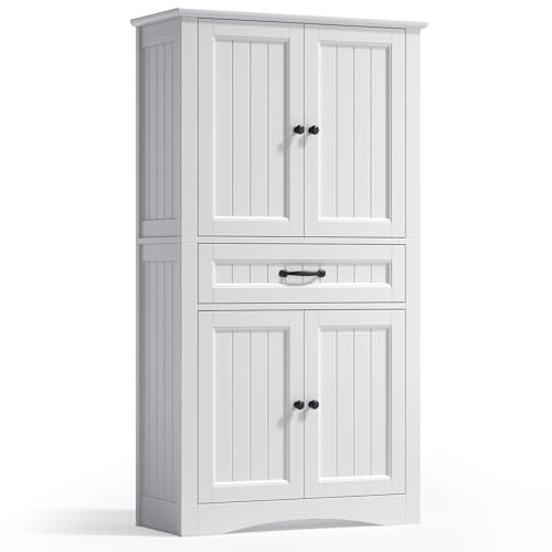 Xbro Mueble de Baño Alto con 2 Puertas y 1 Cajón, Armario Auxiliar con Baldas Ajustables, para Baño, Cocina, Salón o Despacho, 73 x 31 x 132 cm, Blanco
