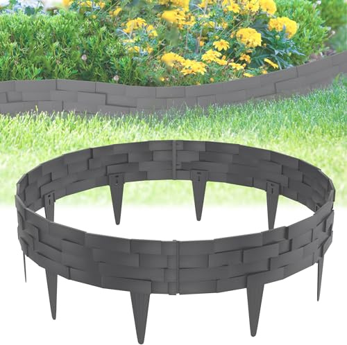 FIVMEN Rasenkante Kunststoff 10 m Steinimitatziegel Beeteinfassung Beetumrandung mit 10 cm Stifte Steinziegel Textur Imitiert beetbegrenzung Mähkante Palisade für Garten, Anthrazit