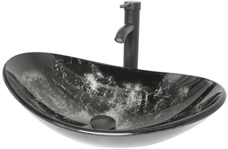 ZealWe Waschbecken Aufsatzwaschbecken Glas, Waschbecken Aufsatz Waschschale Oval für Badezimmer, Handwaschbecken Gäste WC 53 × 35 × 16 cm Waschtisch Waschplatz, Tintenblau