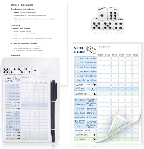 XUWAIDSGN Reisespiele Würfel Spiel Set Yahtzee Schocken Würfelspiel Kniffelblock 5 Würfeln 1 Punktetabelle 1 Spielanleitung Stift auf Wasserbasis Gewinnkarten Spielblöcke für Familienspiel