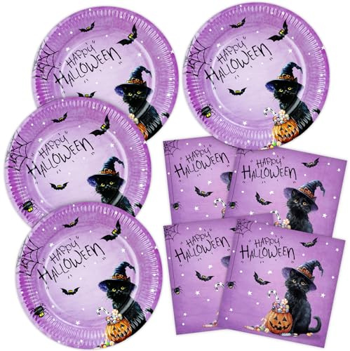HNH Assiettes en papier Halloween Chat Lot de 40 Serviettes et Assiette carton jetables