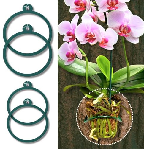 OrchidHug Orchid Mounting Ring for Trees – Mount Orchids on Tree Trunks | Flexible Orchid Mount System | 4 Pack (2 Large 4 + 2 Small 2.7) Green Coated Steel with Stainless Screws | Easy Install