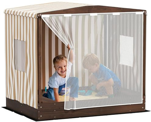 AIYAPLAY Sandkasten mit Vordach Netztür, 142 x 101,5 cm Holz Sandbox mit Sitzbank, Stauraum, Bodenschutz, Sandkiste für 4 Kinder 3-6 Jahre Braun