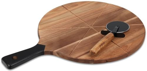 Pizza Schneidebrett mit Pizzaschneider Pizzaroller mit Holzbrett mit Griff Rund 2-teilig Ø 30cm