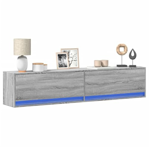 Qnhdfrt Armoire TV murale avec éclairage LED gris Sonoma 180 cm de large Buffet pour salon Montage mural Espace de rangement en bois