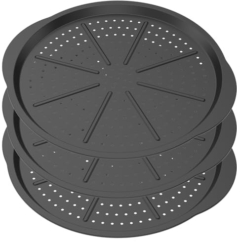 Lot de 3 plaques à pizza rondes 33 cm en acier au carbone avec poignée et trou de préhension - Revêtement antiadhésif - Plaque à pizza ronde perforée - Pour tartes, pain, gâteaux