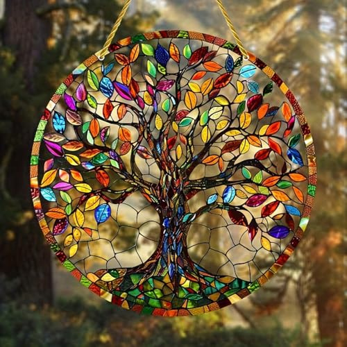 7.87 Inch Sun Catcher，Tree of Life Stained Glass Window Hanging，Acrylic Suncatchers Window Decorations for Indoor/Outdoor Garden Housewarming Gift for Mom
