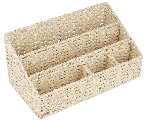 CHUEHKAK Schreibtischorganizer mit 5 Fächern, Handgeflochten, Briefständer | Büro Aufbewahrungsbox für Büroutensilien,Umschlag, Notizzettel 33x18x15,5cm,Beige