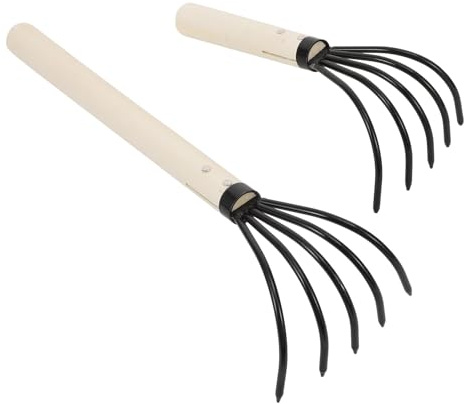 SHINEOFI Râteau Multifonction à Palourdes 2 Pièces à Manche en Bois pour Pêche en Bord de Mer, Outil de Creusage Léger et Portable, Râteau à Bêcher pour Fruits de Mer