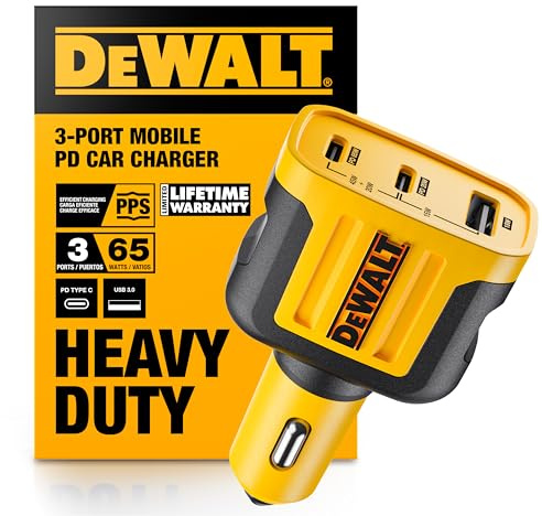 DEWALT 65W PD 3-Port Car Charger – USB-C PPS Fast Charging Adapter for Laptops, Phones & Tablets, Dual USB-C + USB-A Ports, 65W Total Output for Efficient Type C + USB Multi-Device Charging On The Go
