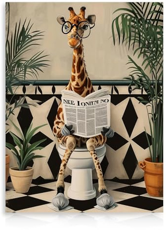 Dazzlewall Art Mural de Salle de Bains Girafe Drôle, Girafe à Lunettes Fantaisiste Lisant le Journal pour Salle de Bains et Toilette 12x16 pouces sans Cadre