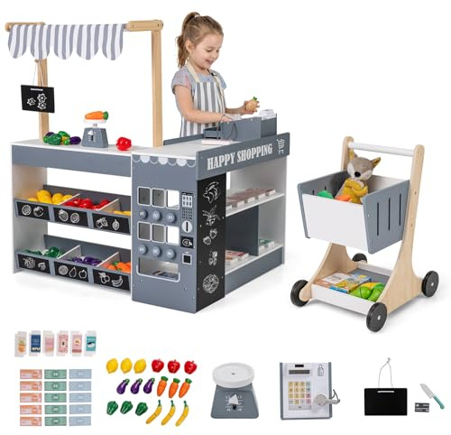 Costzon Kids Grocery Store Playset, Wooden Play Store w/Lights & Sound, Shopping Cart, Blackboards & Cash Register, Toddler Toy Grocery for Boys and Girls Ages 3+ (Grey, 35.5 x 31 x 41)