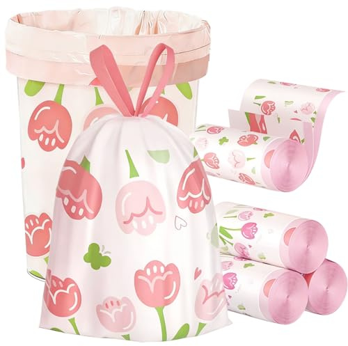 Bin Bags Tulip Scented Small 2.6 Gallon Trash Bags 10-15L Bin Liners with Drawstrings 200 PCS for Home Office Kitchen & Bathroom that Keep Your Waste Basket Fresh Beautiful Print - 45x45 cm - Pink