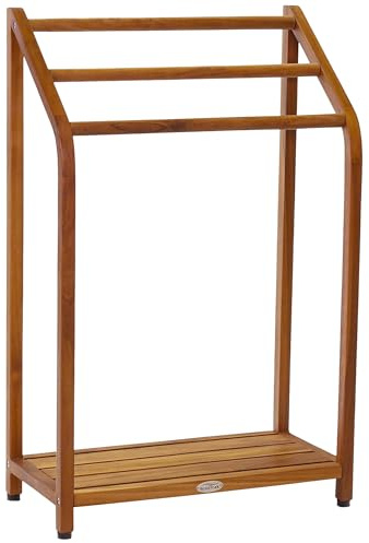 AquaTeak The Original 34 Sula Teak Free Standing Towel Rack - 3 Tier Hand Towel Holder with Storage Shelf for Bathroom - Durable Water Resistant Shower Organizer & Drying Rack, Non-Slip Rubber Feet