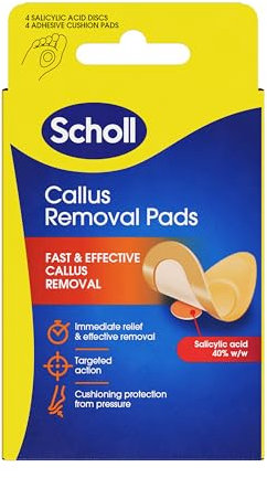 Scholl Callus Remover Pads for Feet - Targeted Action with 4 Salicylic Acid Discs and 4 Adhesive Cushion Pads for Fast & Effective Callus Removal, Soft Pads for Immediate Protection from Rubbing