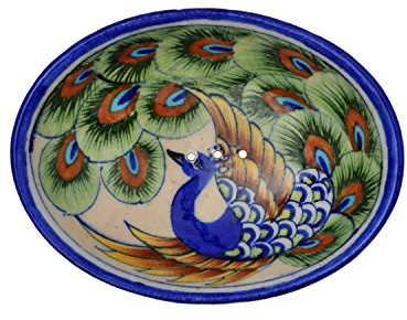 Seifenschale Pfau aus handbemalter Keramik mit Löchern für den Wasserablauf 13 x 9,5 x 2 cm