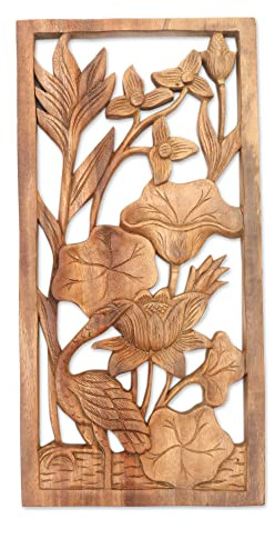 NOVICA Natural Wood Carved Relief Panel Heron and Flower Wall Sculpture, Heron Pond', Brown 7.50 x 15.25