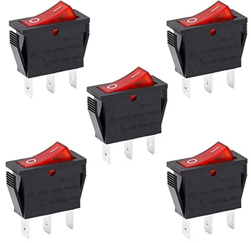 Heschen Rocker Switch ON-OFF SPST 3 Terminals Red Light 16A 250VAC 5Pack