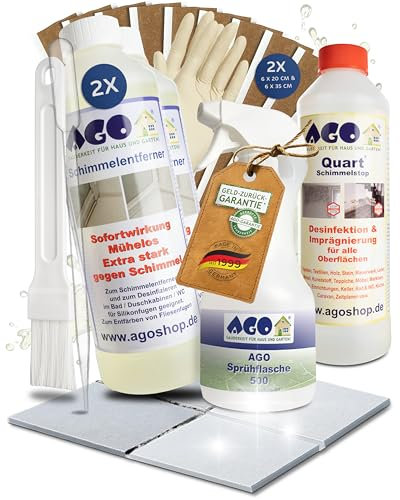 AGO Anti Schimmel Maxi Set mit Fugentape, Schimmelentferner & Schimmelstop/hochkonzentriertes Schimmelentferner Silikonfugen Set 18tlg. / Schimmelentferner Fugen Dusche