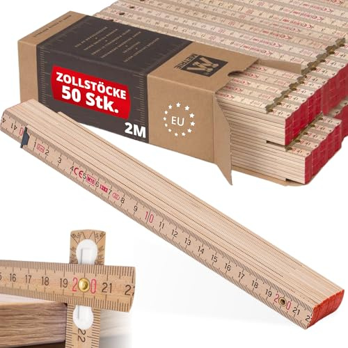 Metrie™ Zollstock – Gliedermaßstab 2m | Meterstab, Maßstab - NATUR - Duplex Teilung, Hergestellt in der EU | Robuster & Präziser Holz-Gliedermaßstab | für Handwerker, DIY | BLOCK 72-50 Stück