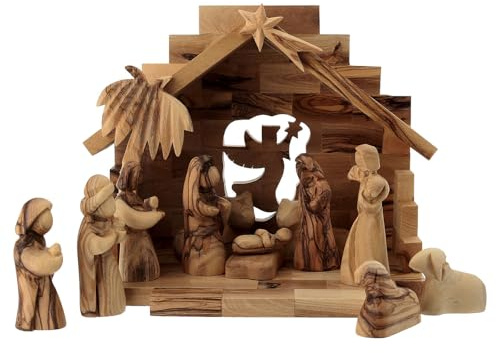 Holyart Geburt Christi in einem Stall, mit Komet und Palme, aus Olivenholz in Bethlehem gefertigt, 20x20x15 cm