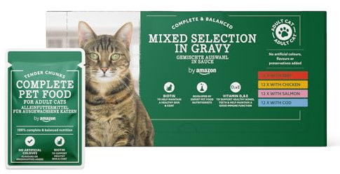 by Amazon Katzenfutter, nass, für ausgewachsene Katzen, Gemischte Auswahl in Sauce, 4.8kg (48 Packungen mit 100g)
