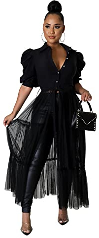 Ekaliy Women’s Plus Size Casual Tunic Tops Blouses Mesh See Through Shirts Dresses with Belt Club Party Outfit XXL Black