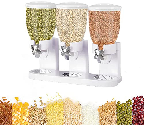 EdirFtra 3 seaux Distributeur d'aliments, Distributeur de céréales Triple récipient d'aliments, 3 seaux de Stockage d'aliments, pour confiserie Noix céréales Snacks Riz,Blanc