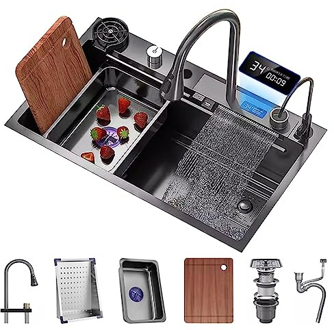 Rostfritt Stål Vattenfall Handfat Med Display Skärm Single-Bowl Kök Handfat RV Handfat Med Koppbricka Vattenfall Pull-Down Kran Och Komplett Tillbehörssats (Color : Black, S : 75x45x22cm)