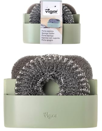 VIGAR - Soporte para Esponja en el Fregadero - 12 x 9 x 8,5 cm - con 2 Compartimentos - para Guardar la Esponja y el Estropajo - No Retiene Olores - Color Verde y Gris