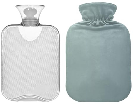 Botella de agua caliente grande de 1 litro con bonita cubierta, bolsas de agua caliente transparentes degradadas grises para calentar la cama, calambres menstruales, alivio del dolor de cuello y