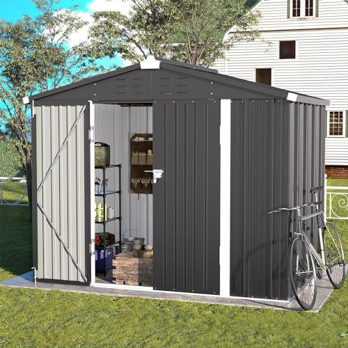 UDPATIO Metal Outdoor Storage Shed 8FT x 6FT, Outside Lockable Garden Shed Steel Anti-Corrosion Outdoor Storage House with Lockable Door for Trash Can, Bike, Backyard Garden Patio, Dark Grey