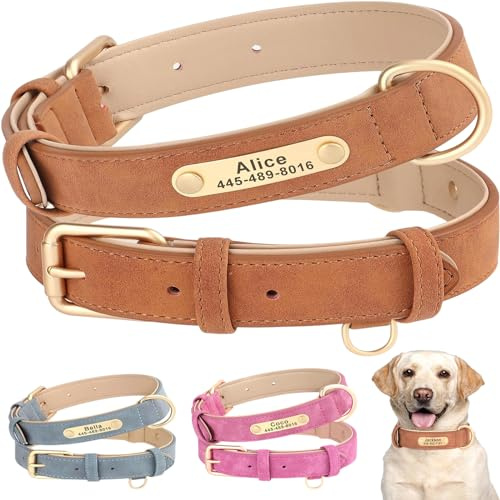 SEOUGEE Personalisiertes Hundehalsband aus Leder, weiches, gepolstertes Hundehalsband aus Leder, robust, mit personalisierter, gravierter Namensplakette, verstellbar, für kleine, mittlere und große