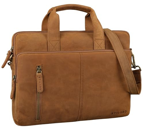 STILORD Raihn läder axelväska herr 13.3-14 tum laptopväska för arbete resor affärsväska smal laptopfodral i äkta läder Farbe:Tan - mörkbrun