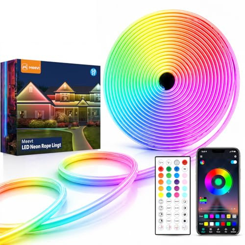 Meevt Tira LED Neón RGB 15 Metros, Luces LED Habitación con Diseño de Flexibilidad, Tiras LED Exterior IP65 con Control por APP y Mando, para Decoración de Dormitorio, Salón, Jardín, Fiesta, Gaming