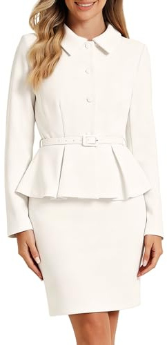Allegra K Mujer Conjuntos De Chaqueta Y Falda Tubo con Blazer Peplum 2 Piezas Trajes De Negocios Blanco XS