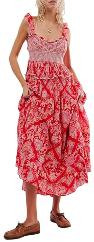 Acrawnni Women's Summer Boho Flower Print Maxi Dress Short Puff Sleeve Sweetheart Neck Tunic Waist A-Line Layered Beach Flowy Long Dress (B-Red, XL)