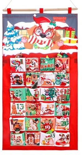 HOWAF Hund Adventskalender zum Befüllen, Hund Weihnachtskalender 2026 Advent Calendar zum Aufhängen aus Stoff für Weihnachtsdeko, mit 24 Taschen 10x10cm