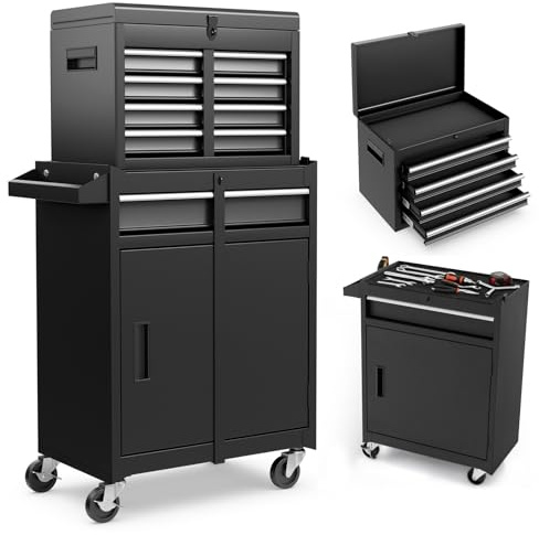 HOMFME Rolling Tool Cabinet, 2 in 1 Detachable Tool Chest with Drawers, Wheels, Hooks, Side Handle, Lockable Metal Tool Box Cart Trolley for Garage Workshop (Black)