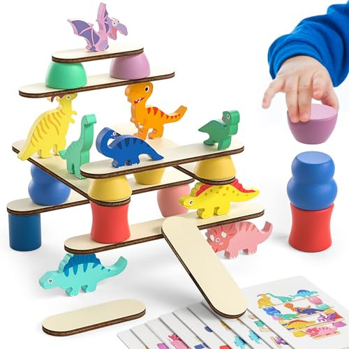 JAiiMen Montessori Dinosaur Toys for 1 2 3 4 Year Old Toddlers, Preschool Education Birthday Gift for Ages 2-4 Boys Girls Kids, Wooden Dinosaur Blocks Sorting & Stacking & Balance Toys